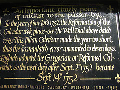 Calendar Reform plaque at Almesbury House, Wiltshire. Photo by Flickr user adactio